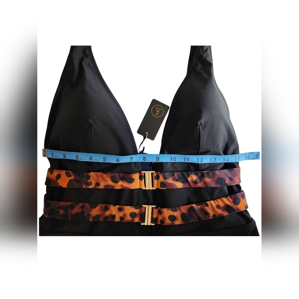 NWT Fox & Royal "Vibeka" 1-Piece Swimsuit - Black Leopard & Gold Accents Side: M - Picture 6 of 7